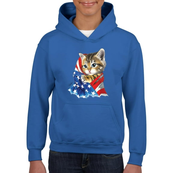 IWPF - Big Boys Hoodies and Sweatshirts - American Flag 4th of July Kitty