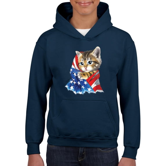 IWPF - Big Boys Hoodies and Sweatshirts - American Flag 4th of July Kitty