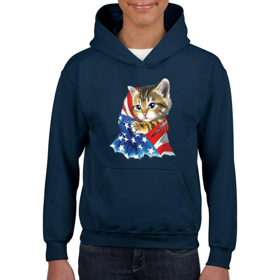 IWPF - Big Boys Hoodies and Sweatshirts - American Flag 4th of July Kitty