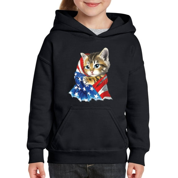 IWPF - Big Boys Hoodies and Sweatshirts - American Flag 4th of July Kitty