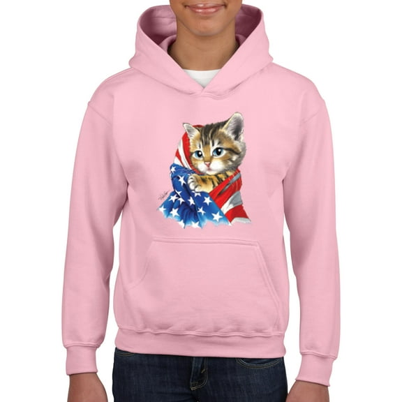IWPF - Big Girls Hoodies and Sweatshirts - American Flag 4th of July Kitty