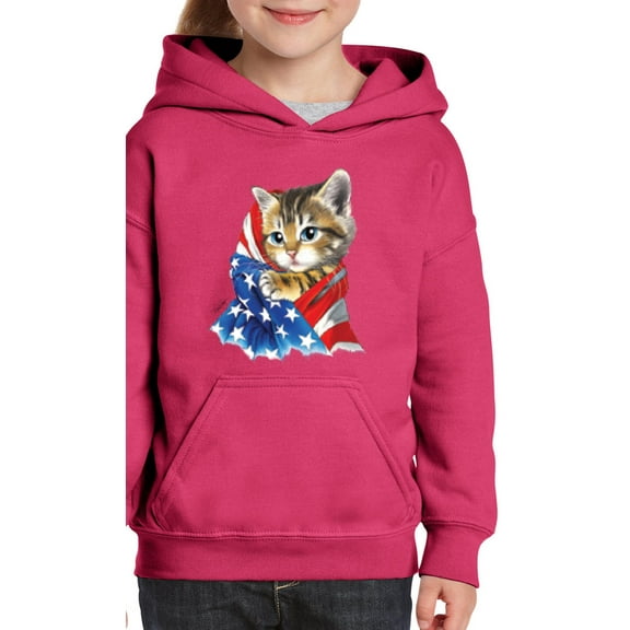 IWPF - Big Girls Hoodies and Sweatshirts - American Flag 4th of July Kitty