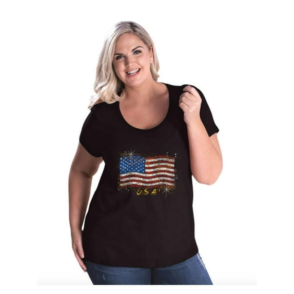 IWPF - Women's Plus Size Curvy T-Shirt - American Flag USA in Gold