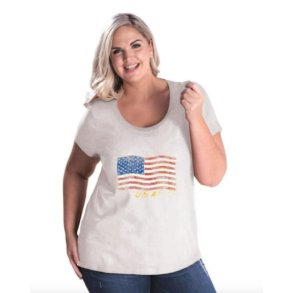 IWPF - Women's Plus Size Curvy T-Shirt - American Flag USA in Gold