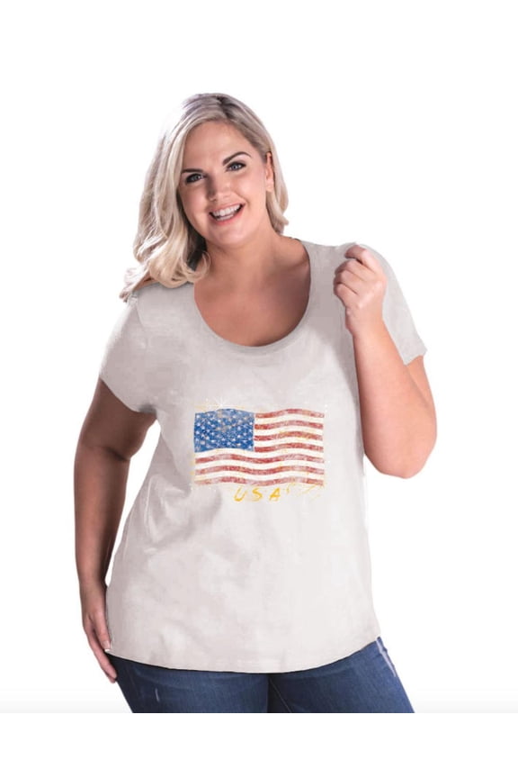 - Women's Plus Size Curvy T-Shirt - American Flag USA in Gold