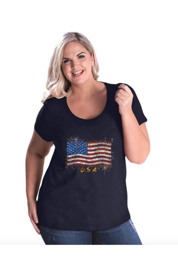 IWPF - Women's Plus Size Curvy T-Shirt - American Flag USA in Gold