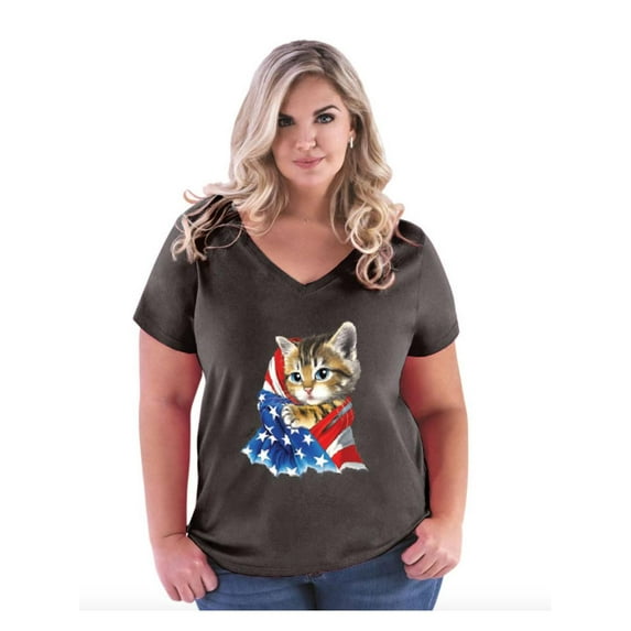 IWPF - Women's Plus Size V-neck T-Shirt - American Flag 4th of July Kitty