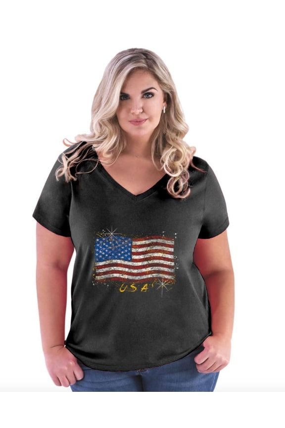Artix - Women's Plus Size V-neck T-Shirt - American Flag USA in Gold