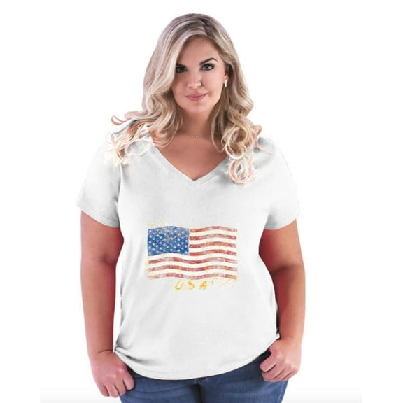 Artix - Women's Plus Size V-neck T-Shirt - American Flag USA in Gold