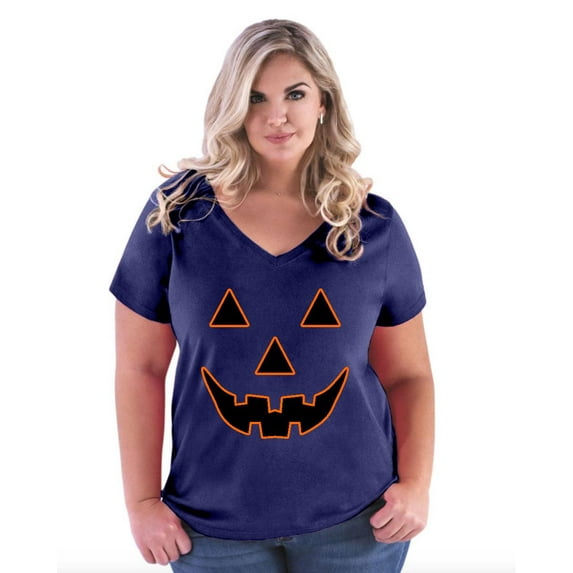 IWPF - Women's Plus Size V-neck T-Shirt - Halloween Costume Pumpkin Face