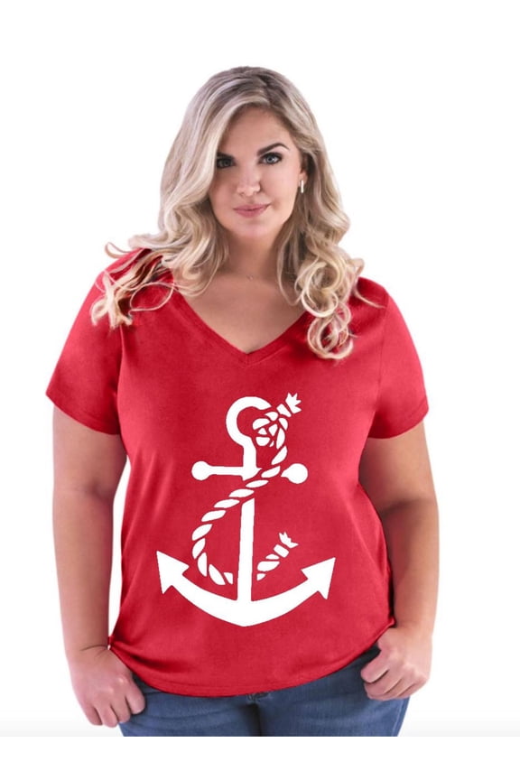 - Women's Plus Size V-neck T-Shirt - White Anchor