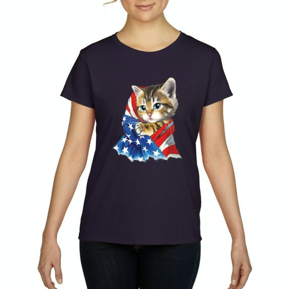 IWPF - Women's T-Shirt Short Sleeve - American Flag 4th of July Kitty
