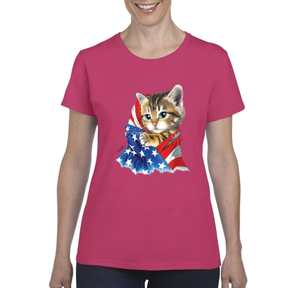 IWPF - Women's T-Shirt Short Sleeve - American Flag 4th of July Kitty