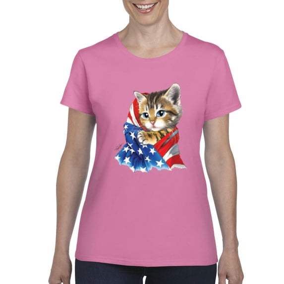 IWPF - Women's T-Shirt Short Sleeve - American Flag 4th of July Kitty