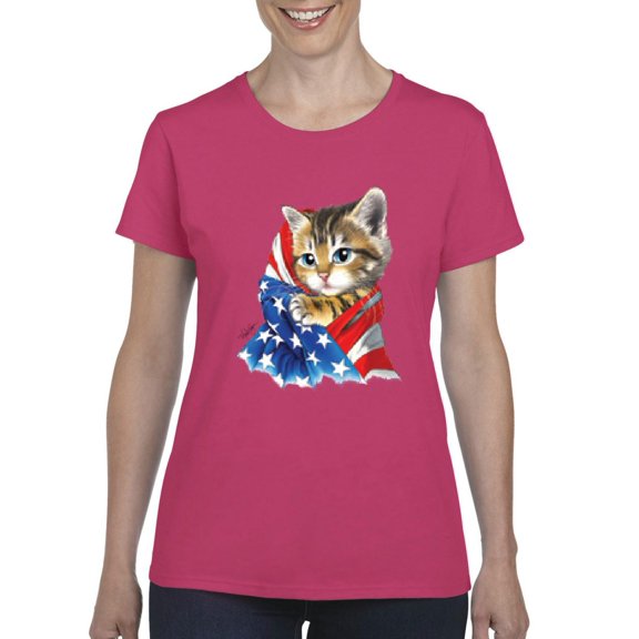 IWPF - Women's T-Shirt Short Sleeve - American Flag 4th of July Kitty