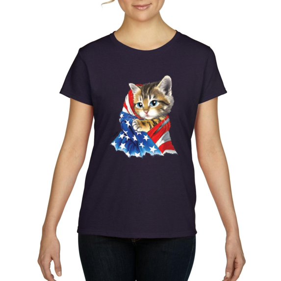 IWPF - Women's T-Shirt Short Sleeve - American Flag 4th of July Kitty