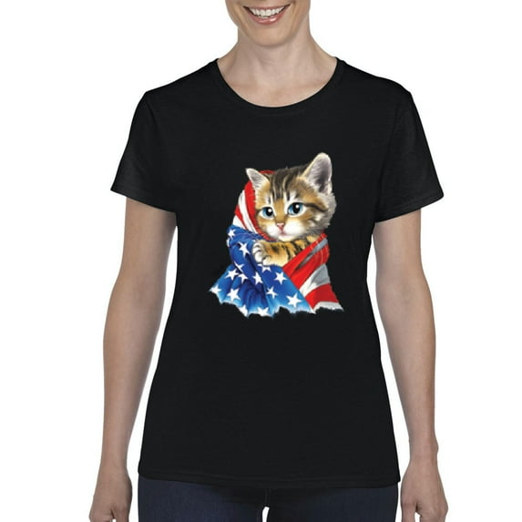 IWPF - Women's T-Shirt Short Sleeve - American Flag 4th of July Kitty
