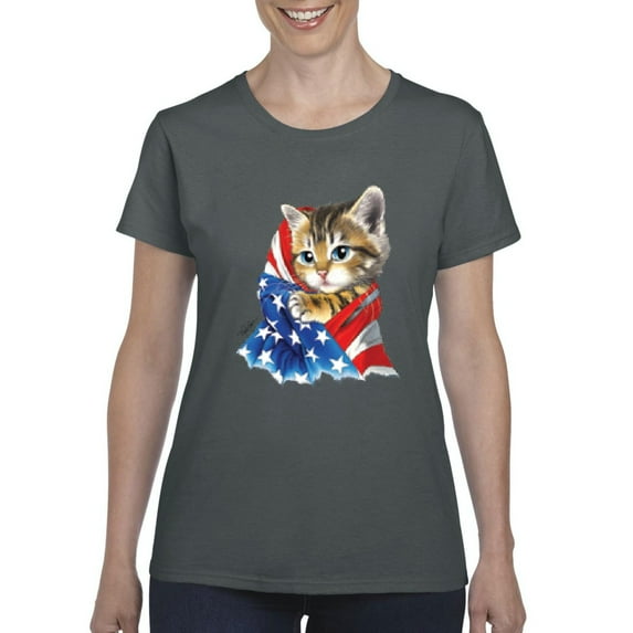 IWPF - Women's T-Shirt Short Sleeve - American Flag 4th of July Kitty