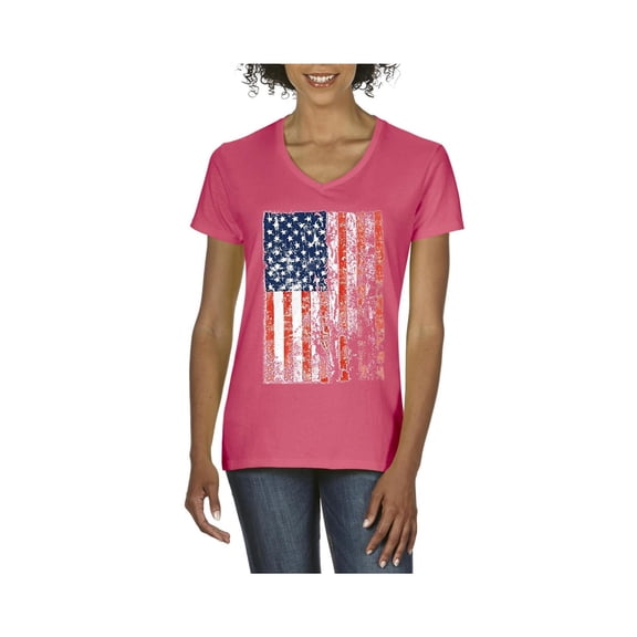 IWPF - Women's T-Shirt V-Neck Short Sleeve - American Flag 4th of July