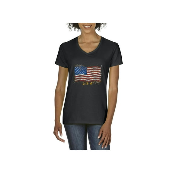 IWPF - Women's T-Shirt V-Neck Short Sleeve - American Flag USA in Gold