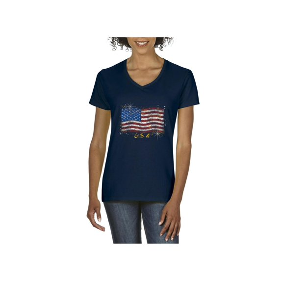 IWPF - Women's T-Shirt V-Neck Short Sleeve - American Flag USA in Gold