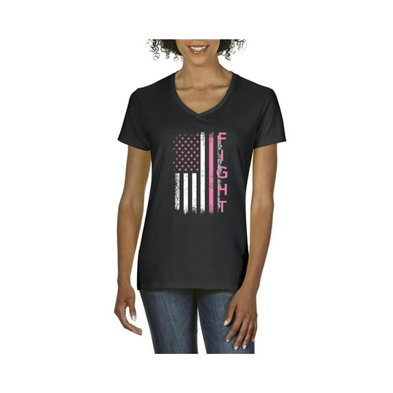 IWPF - Women's T-Shirt V-Neck Short Sleeve - Cancer Ribbon American Flag