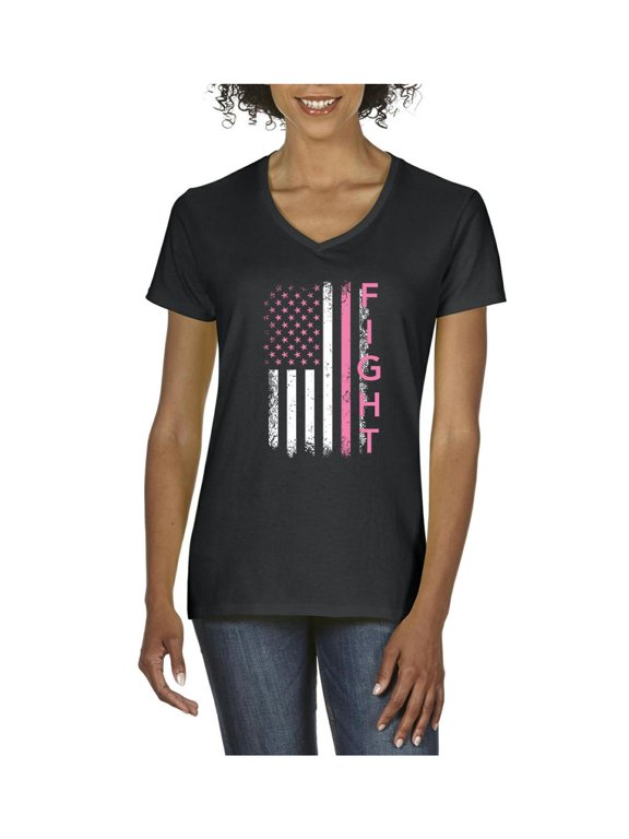 - Women's T-Shirt V-Neck Short Sleeve - Cancer Ribbon American Flag