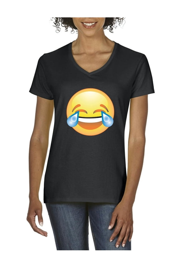 - Women's T-Shirt V-Neck Short Sleeve - Emoji Laughing Tears