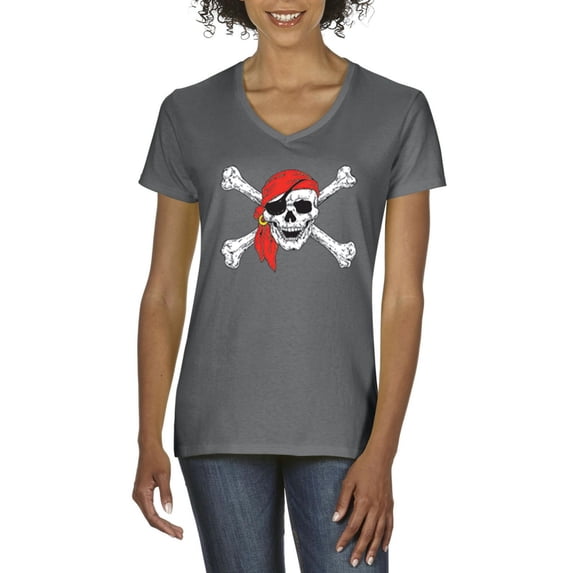 IWPF - Women's T-Shirt V-Neck Short Sleeve - Jolly Roger Skull & Crossbones