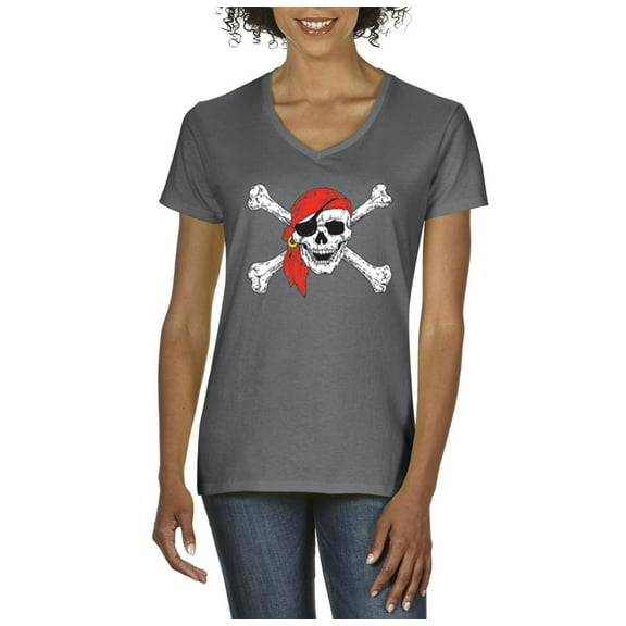 IWPF - Women's T-Shirt V-Neck Short Sleeve - Jolly Roger Skull & Crossbones