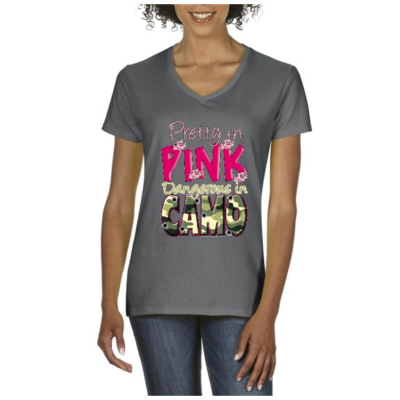 IWPF - Women's T-Shirt V-Neck Short Sleeve - Pretty in Pink Dangerous in Camo