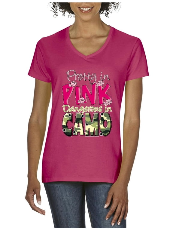 - Women's T-Shirt V-Neck Short Sleeve - Pretty in Pink Dangerous in Camo