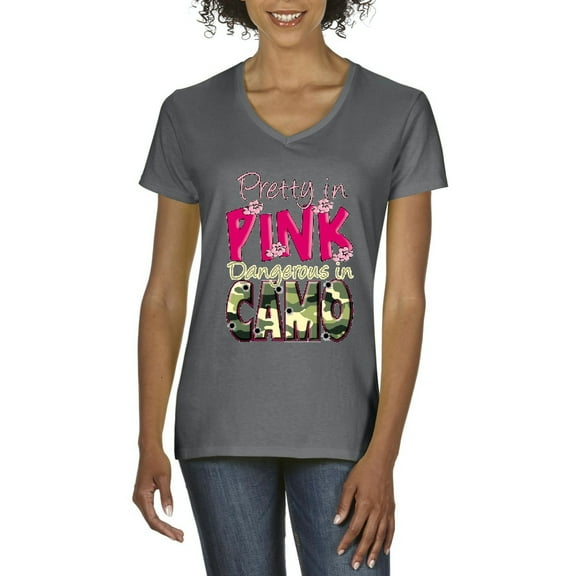 IWPF - Women's T-Shirt V-Neck Short Sleeve - Pretty in Pink Dangerous in Camo