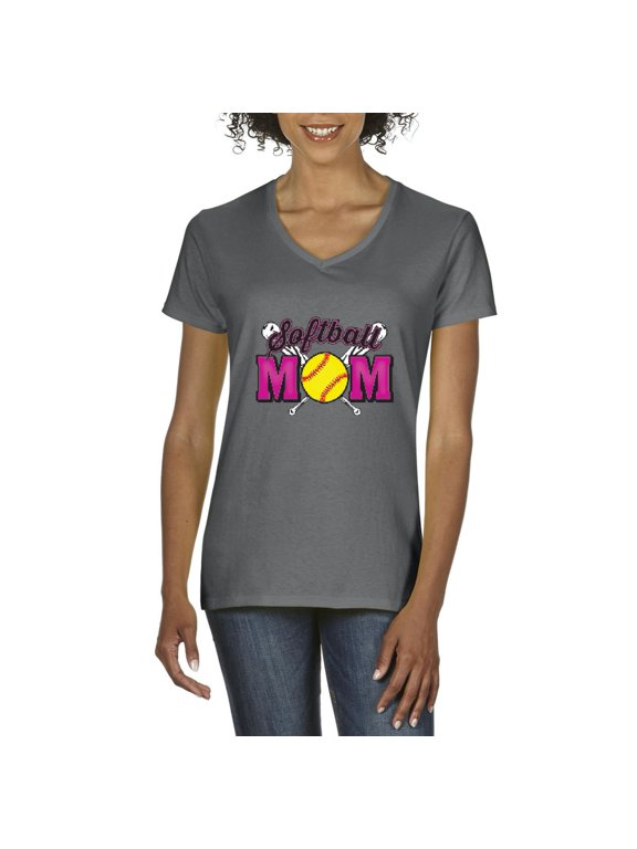 - Women's T-Shirt V-Neck Short Sleeve - Softball Mom