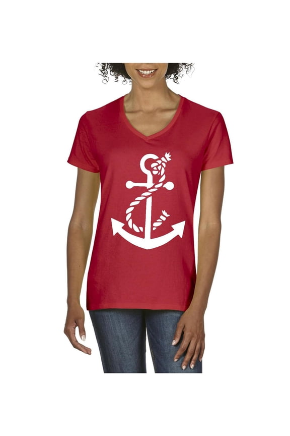 - Women's T-Shirt V-Neck Short Sleeve - White Anchor