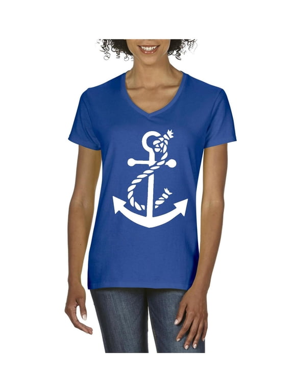 - Women's T-Shirt V-Neck Short Sleeve - White Anchor