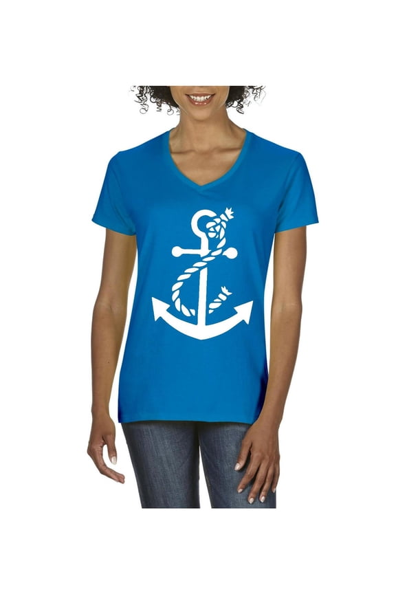 - Women's T-Shirt V-Neck Short Sleeve - White Anchor