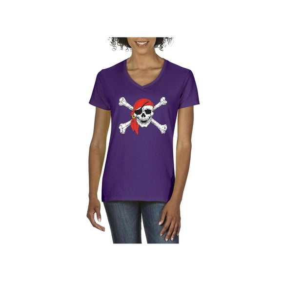IWPF - Women's T-Shirt V-Neck Short Sleeve, up to Women Size 3XL - Jolly Roger Skull & Crossbones