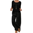 thumbnail image 1 of IWRICH 2 Piece Outfits for Women Half Sleeve Linen Sets Crew Neck Tops Wide Leg Pants Set Plus Size Summer Matching Suits Black M, 1 of 4