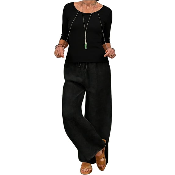 IWRICH 2 Piece Outfits for Women Half Sleeve Linen Sets Crew Neck Tops Wide Leg Pants Set Plus Size Summer Matching Suits Black M
