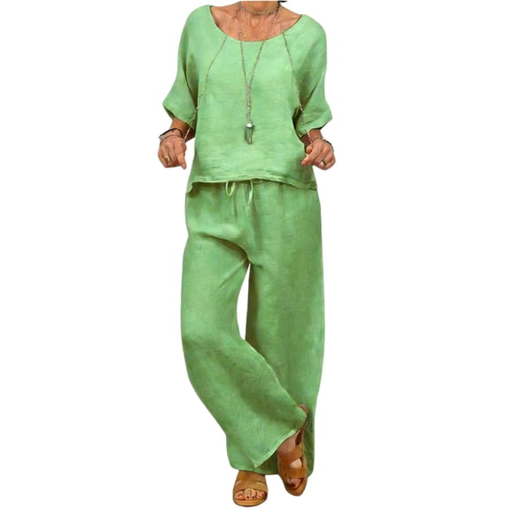 IWRICH 2 Piece Outfits for Women Half Sleeve Linen Sets Crew Neck Tops Wide Leg Pants Set Plus Size Summer Matching Suits Green XXXL