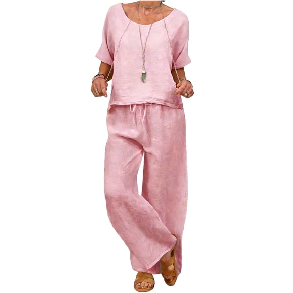 IWRICH 2 Piece Outfits for Women Half Sleeve Linen Sets Crew Neck Tops Wide Leg Pants Set Plus Size Summer Matching Suits Red XXL