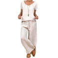 thumbnail image 1 of IWRICH 2 Piece Outfits for Women Half Sleeve Linen Sets Crew Neck Tops Wide Leg Pants Set Plus Size Summer Matching Suits White XL, 1 of 4