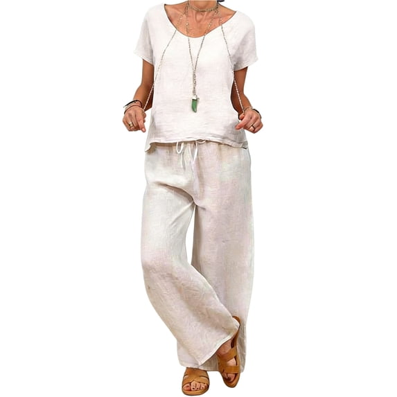 IWRICH 2 Piece Outfits for Women Half Sleeve Linen Sets Crew Neck Tops Wide Leg Pants Set Plus Size Summer Matching Suits White XL