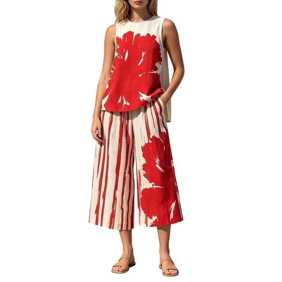 IWRICH 2 Piece Sets for Women Print Sleeveless Vest Tops Capri Pants Summer Outfits Red M