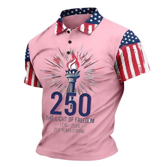 IWRICH 250TH Anniversary Polo Shirt for Men 250YEARS USA Flag Graphic Tee Short Sleeve Summer Tops Pink XXXL
