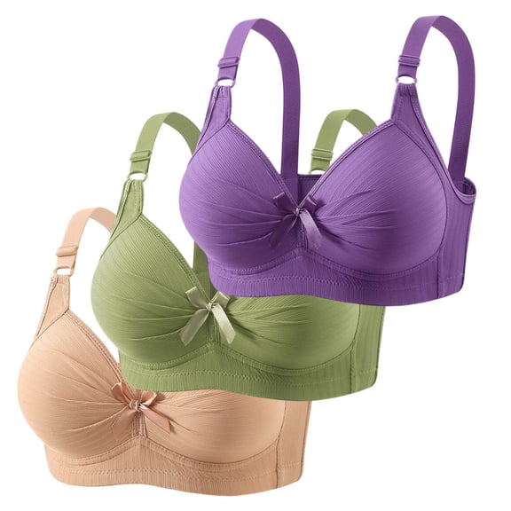 IWRICH 3 Piece Plus Size Bras for Women Supportive Wireless Bra Comfy Soft Lifting Bralettes Bowhot Elegant Bras for Everyday Wear Dark Blue 42