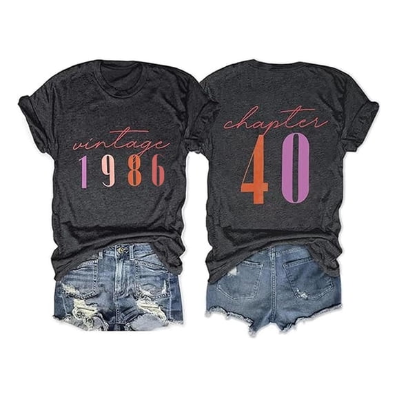 IWRICH 40th Birthday Gift for Women Vintage 1986 Shirt Letter Print Retro Party Tops Casual Short Sleeve Tee Grey XXL
