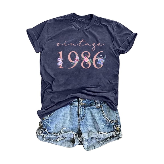 IWRICH 40th Birthday Gift for Women Vintage 1986 Shirt Letter Print Retro Party Tops Casual Short Sleeve Tee Navy M