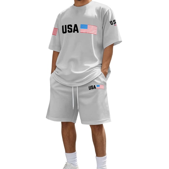 IWRICH 4th of July Independence Day Outfits for Men USA Flag Short Sleeve Shirts and Shorts Set 2 Piece Athletic Jogging Tracksuits Light Gray M